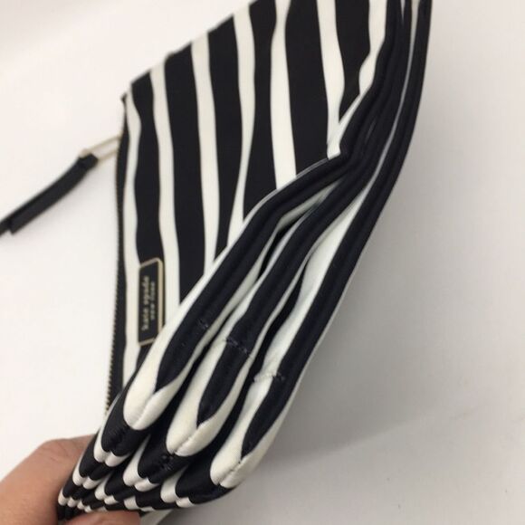 Kate Spade New York Black White Library Stripe Triple Gusset Clutch Makeup Pouch - Picture 4 of 16